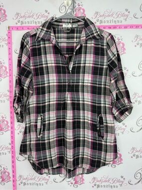 Ali and Kris Plaid Roll-Sleeve Tunic Top - Black, White & Pink